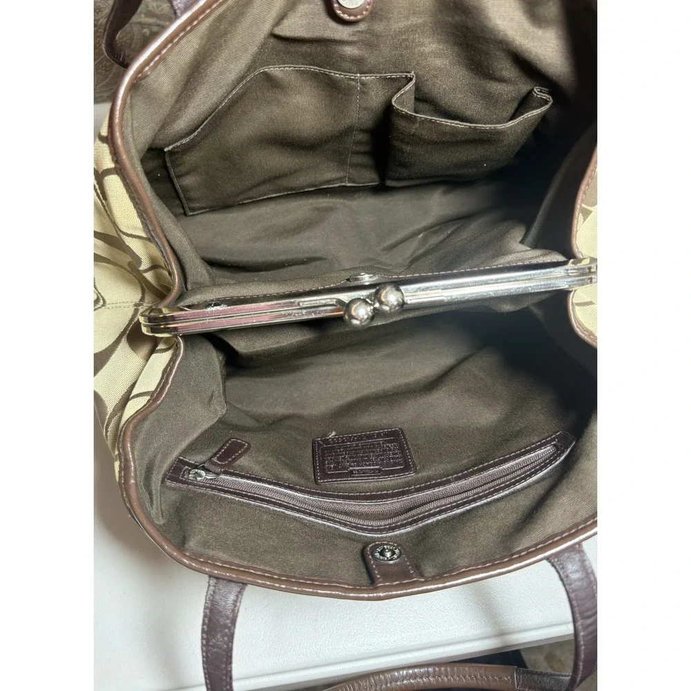 Vintage Coach Signature Stripe Framed Carryall Bag Y2K Kiss-Lock Satchel F13533